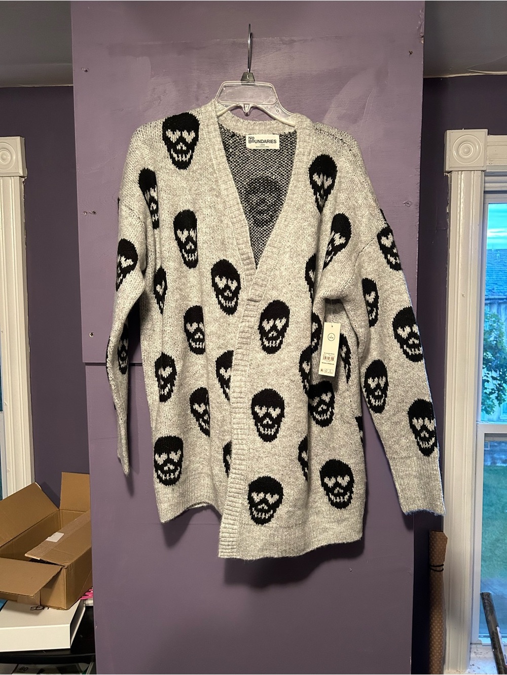 No Boundaries Gray and Black Skull Open-Front Cardigan